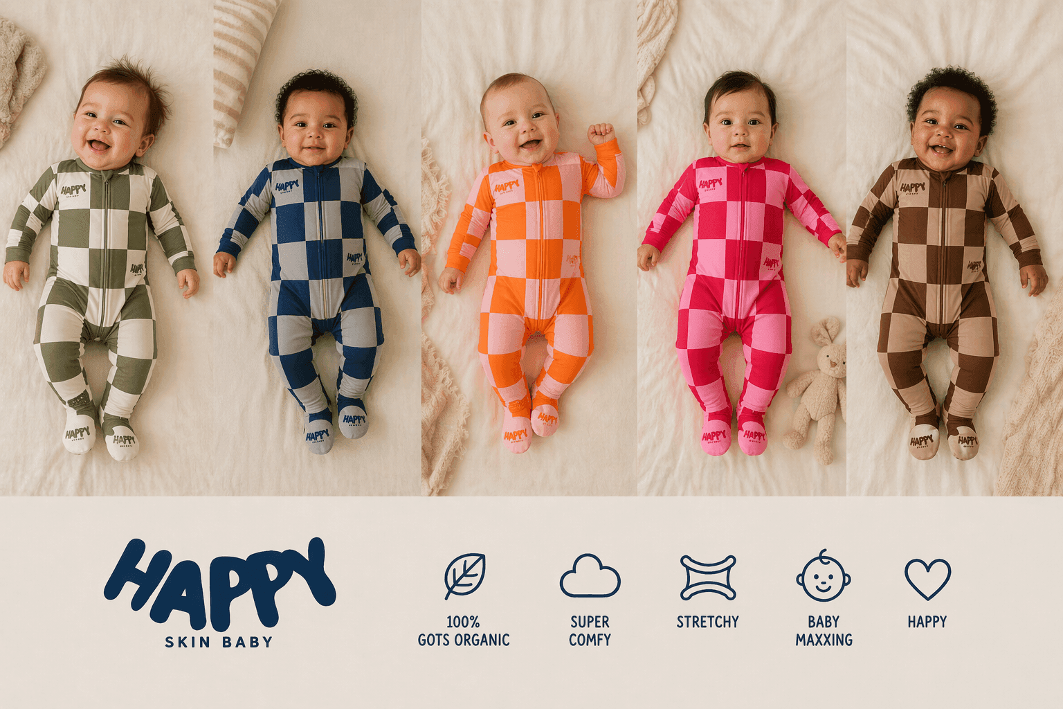 Five smiling babies in Happy Skin Baby checker zippies — olive, navy, orange, pink, and brown