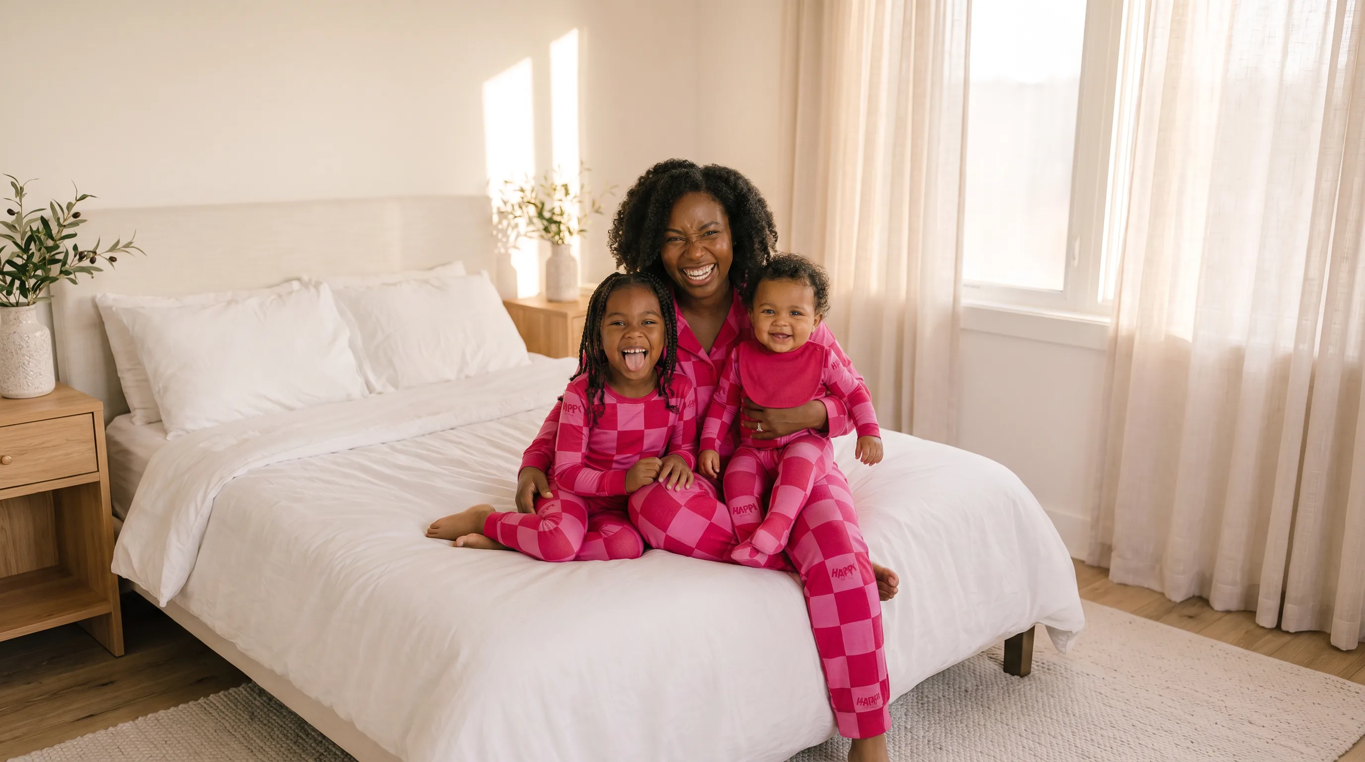 A mom and her two children laughing together on a bed in matching Berry Sweet pajamas, the baby in a Zippy with the bib on