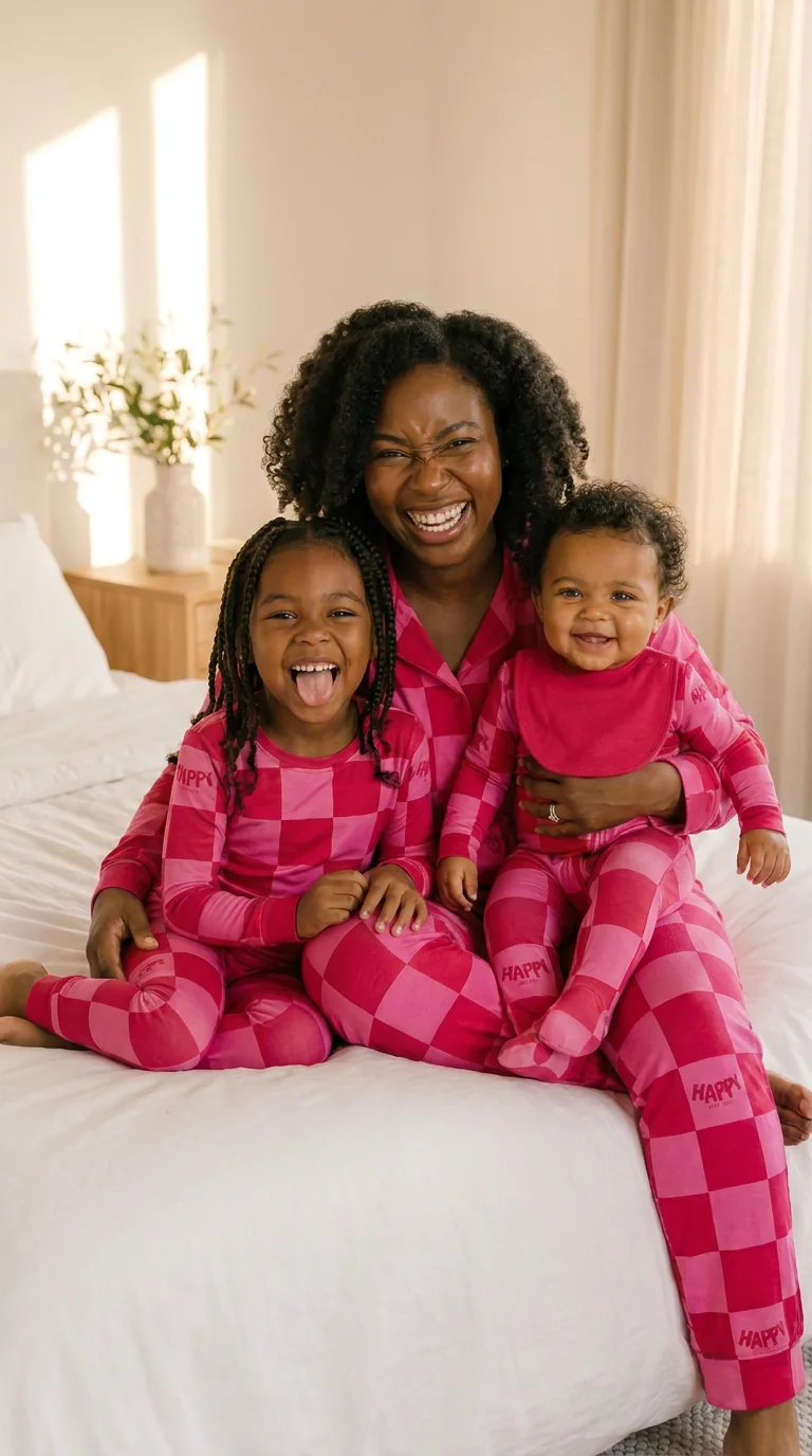 A mom and her two children laughing on a bed in matching Berry Sweet pajamas, the baby in a Zippy with the bib on