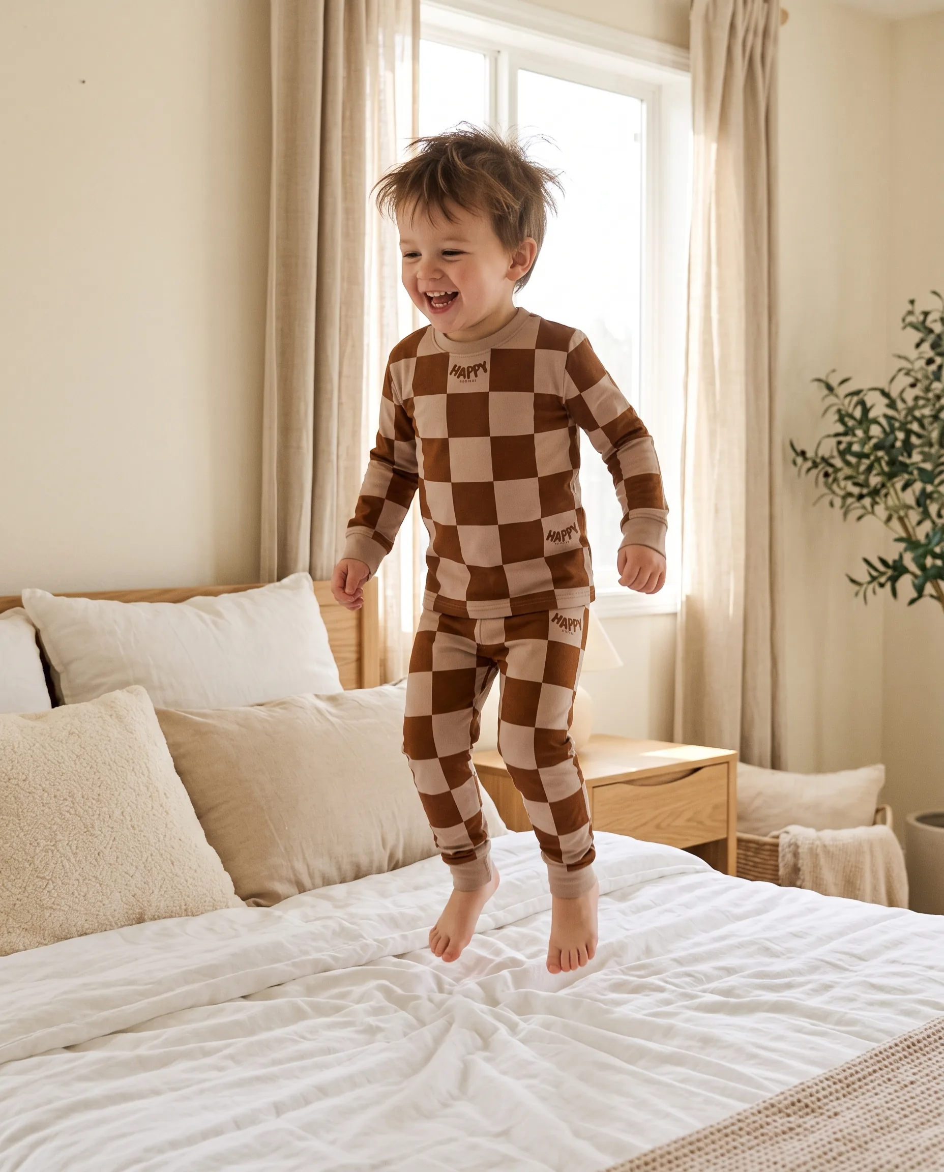 A giggling toddler jumping on a white bed in the Cocoa Cozy Toddler 2-Piece