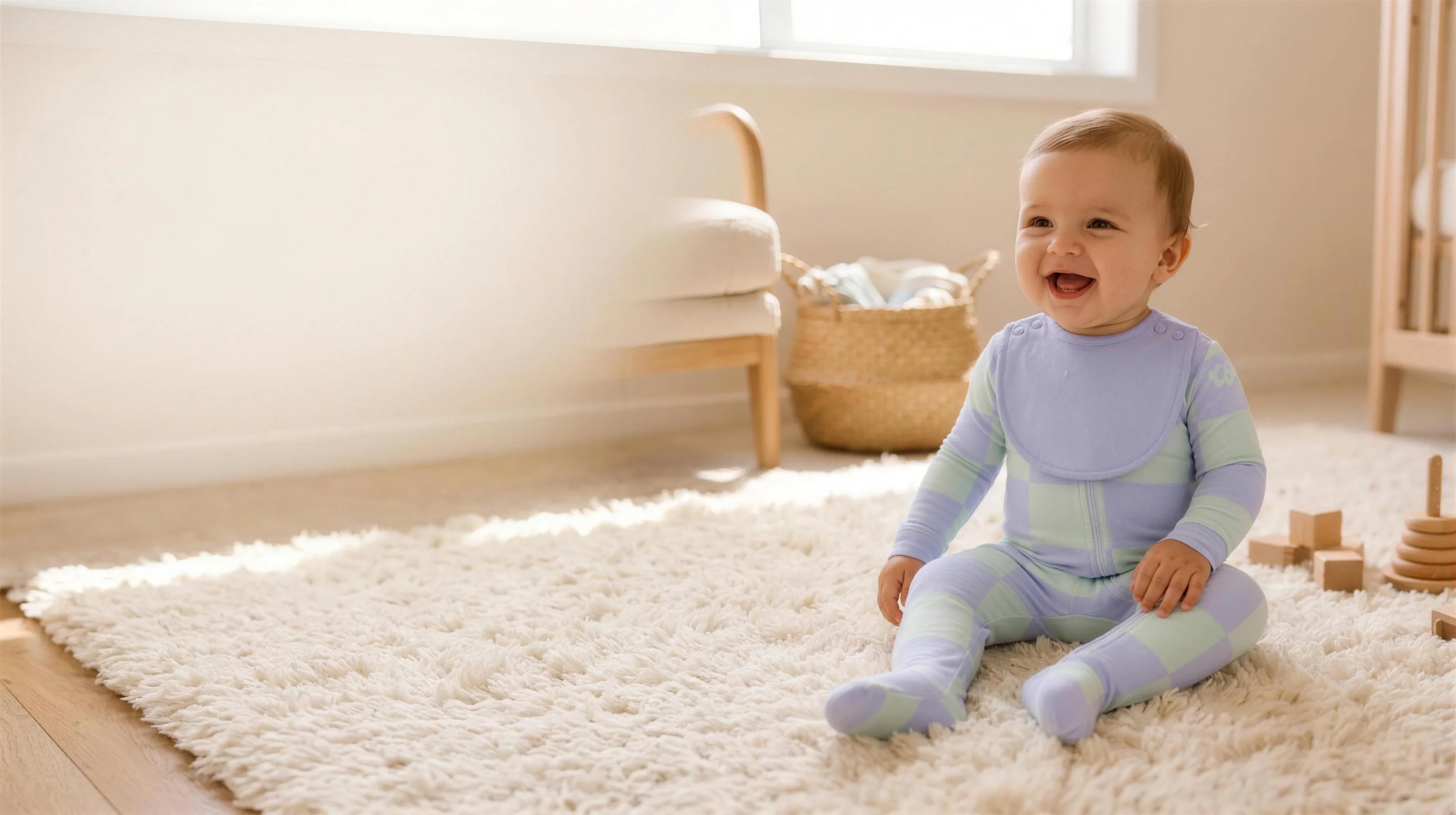 A laughing baby sits on a fluffy rug in a sunny nursery wearing the Dream Garden Everything Zippy with the lavender bib snapped on