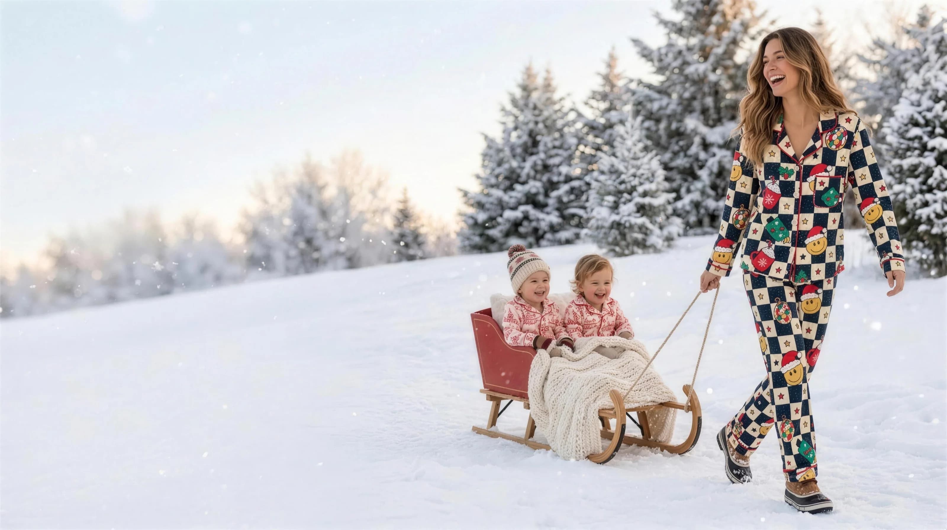 A laughing mom in the Christmas Fun pajama set pulls two toddlers in Santa’s Paradise pajamas on a red wooden sleigh across a snowy hillside