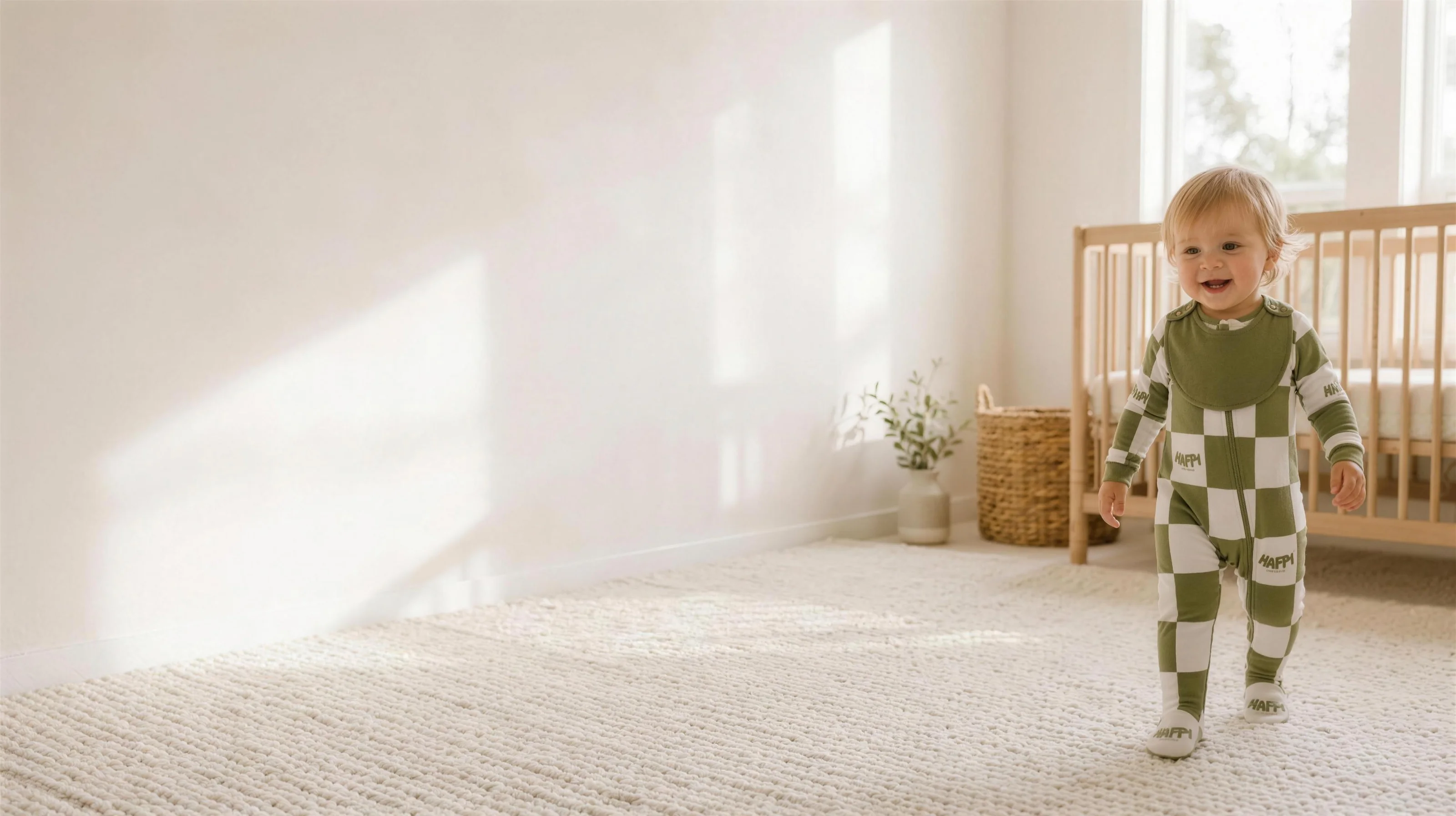 A smiling toddler takes a step across a cream rug in a sunny nursery, wearing the Olive Grove Everything Zippy with the bib snapped on