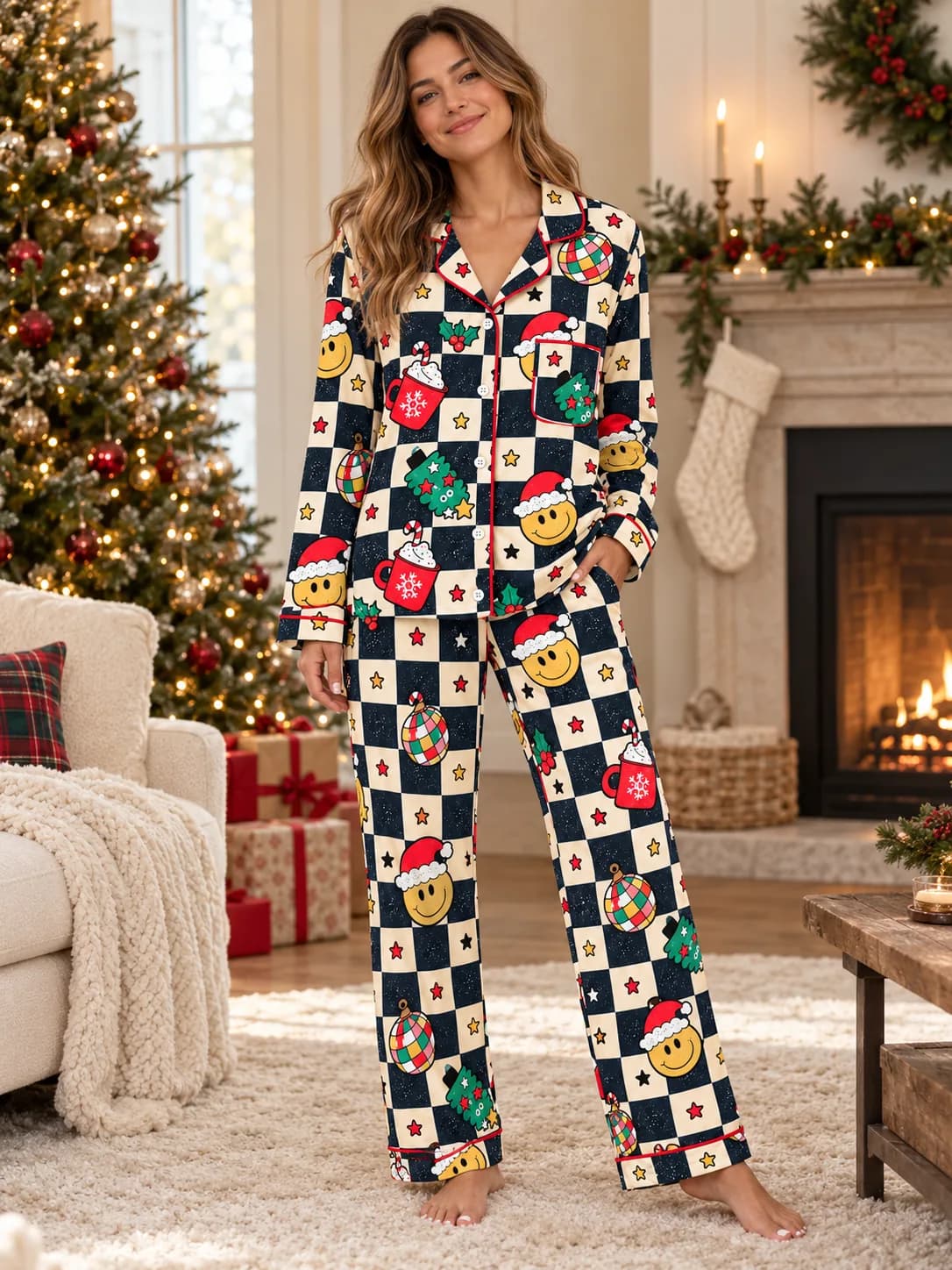 A woman in The Adult 2-Piece in Christmas Fun standing by a Christmas tree