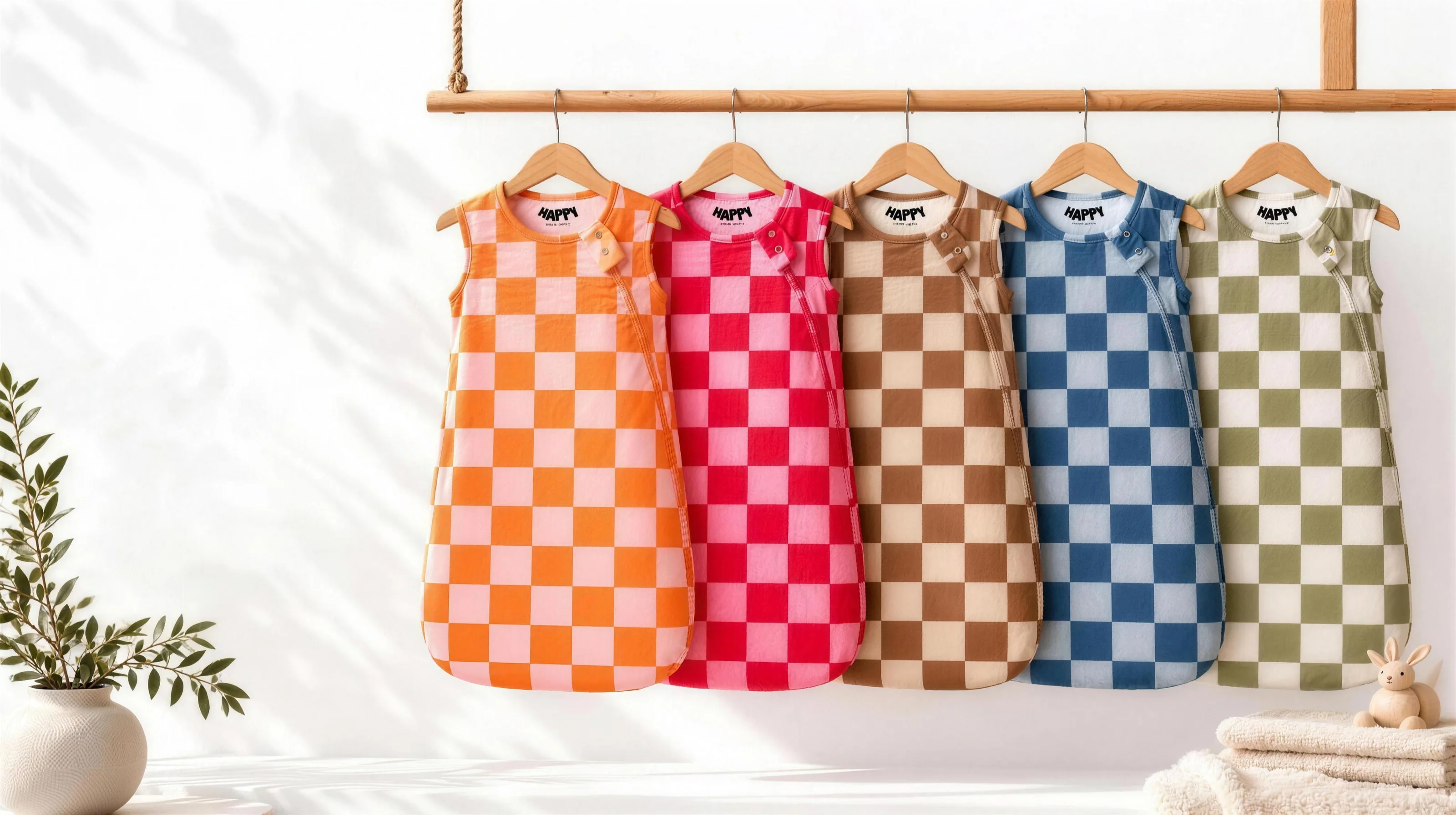 Five bamboo sleep sacks in Sunset Pop, Berry Sweet, Cocoa Cozy, Midnight Play and Olive Grove hanging on a wooden rail in a sunny nursery
