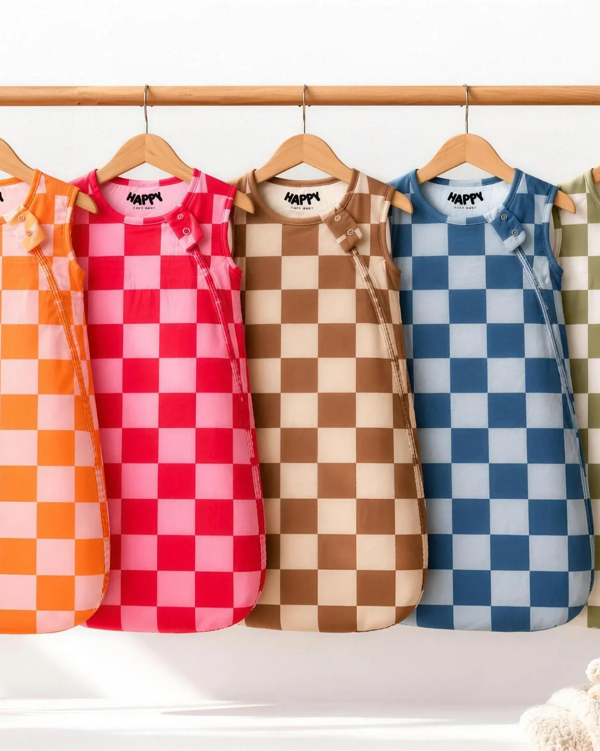 Bamboo sleep sacks in five checker prints hanging on a wooden rail