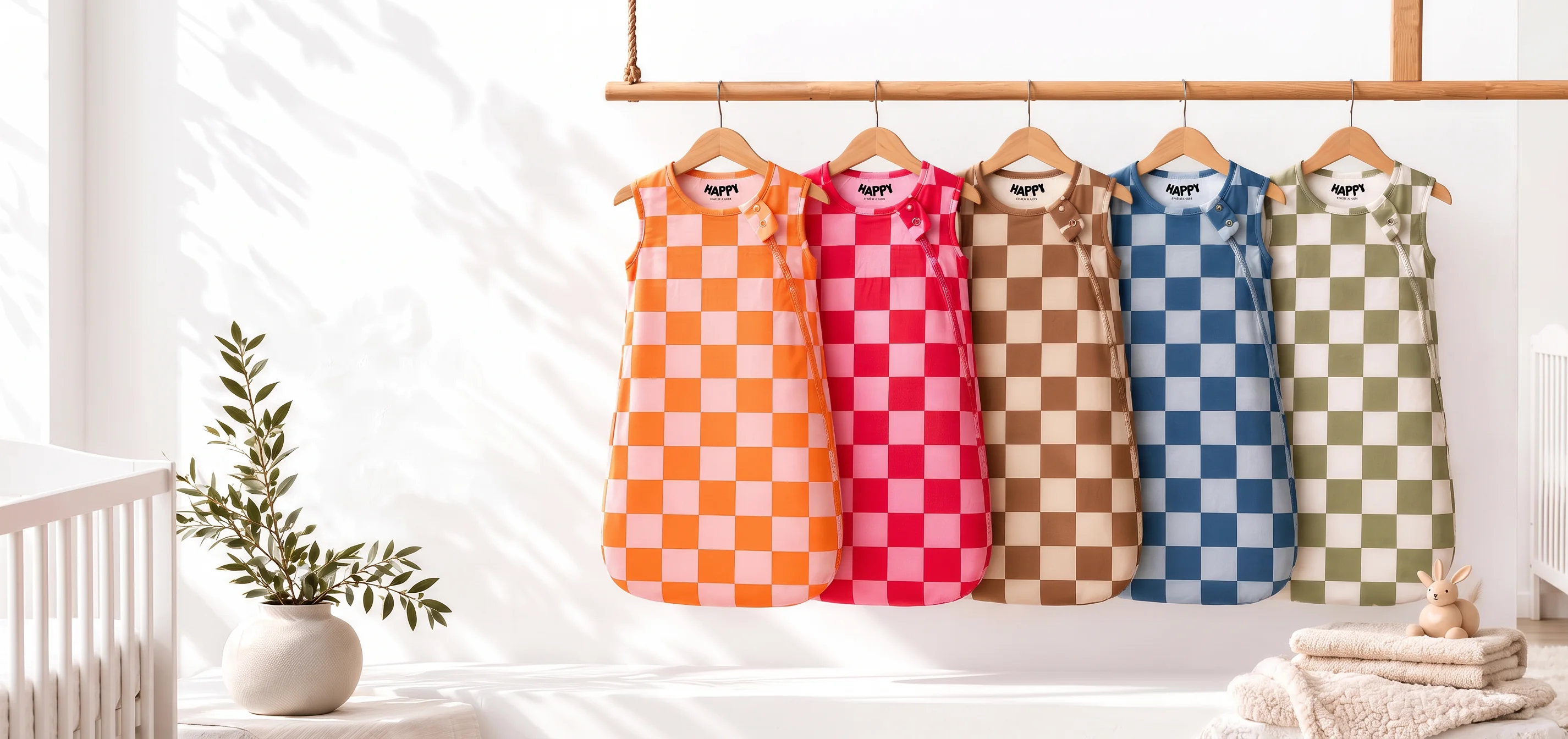 Five bamboo sleep sacks in Sunset Pop, Berry Sweet, Cocoa Cozy, Midnight Play and Olive Grove hanging on a wooden rail in a sunny nursery