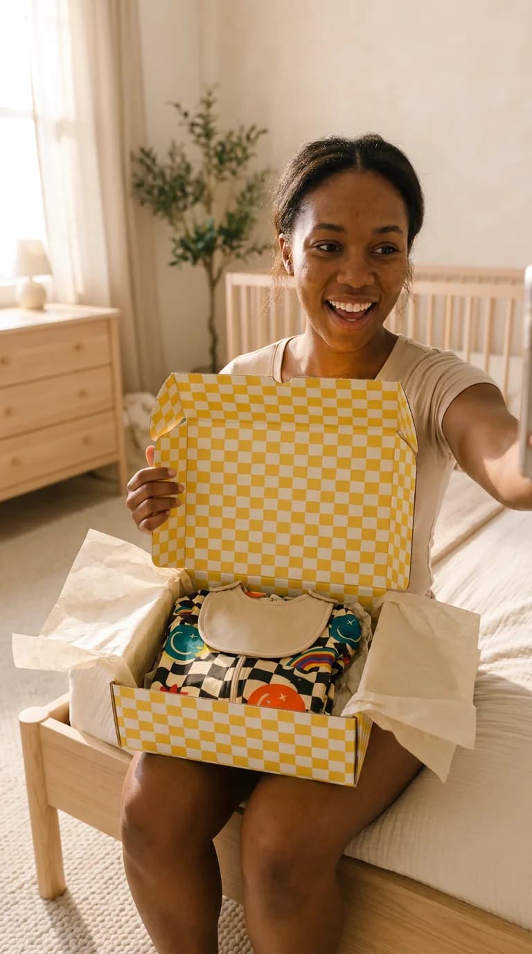 A parent filming herself unboxing a Smiley Play Zippy and bib