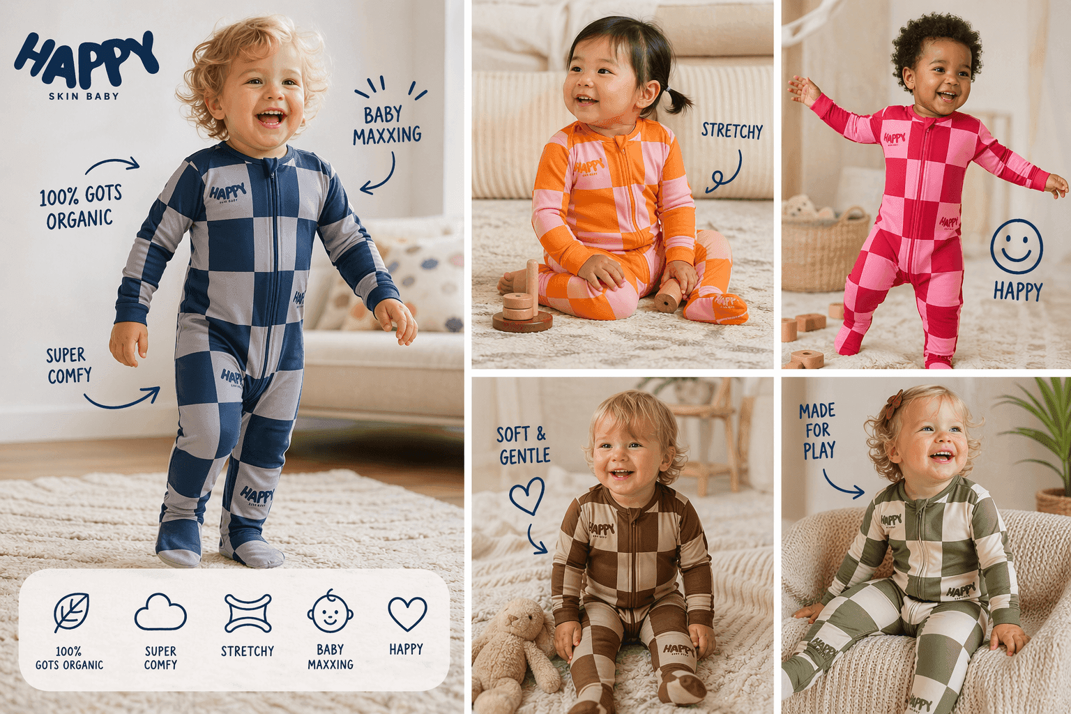 Happy Skin Baby lookbook grid — toddlers playing, sitting, and mid-giggle in the full color range
