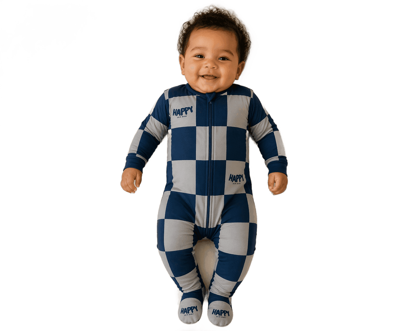 Baby smiling in Happy Skin Baby's Midnight Play navy and gray checker pajama