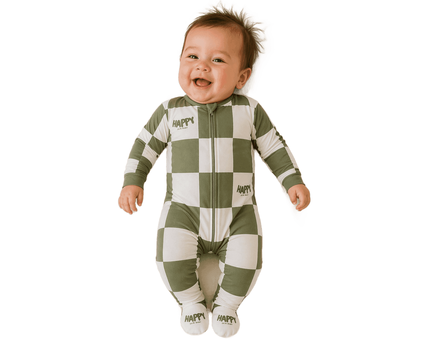 Baby smiling in Happy Skin Baby's Olive Grove olive and cream checker pajama