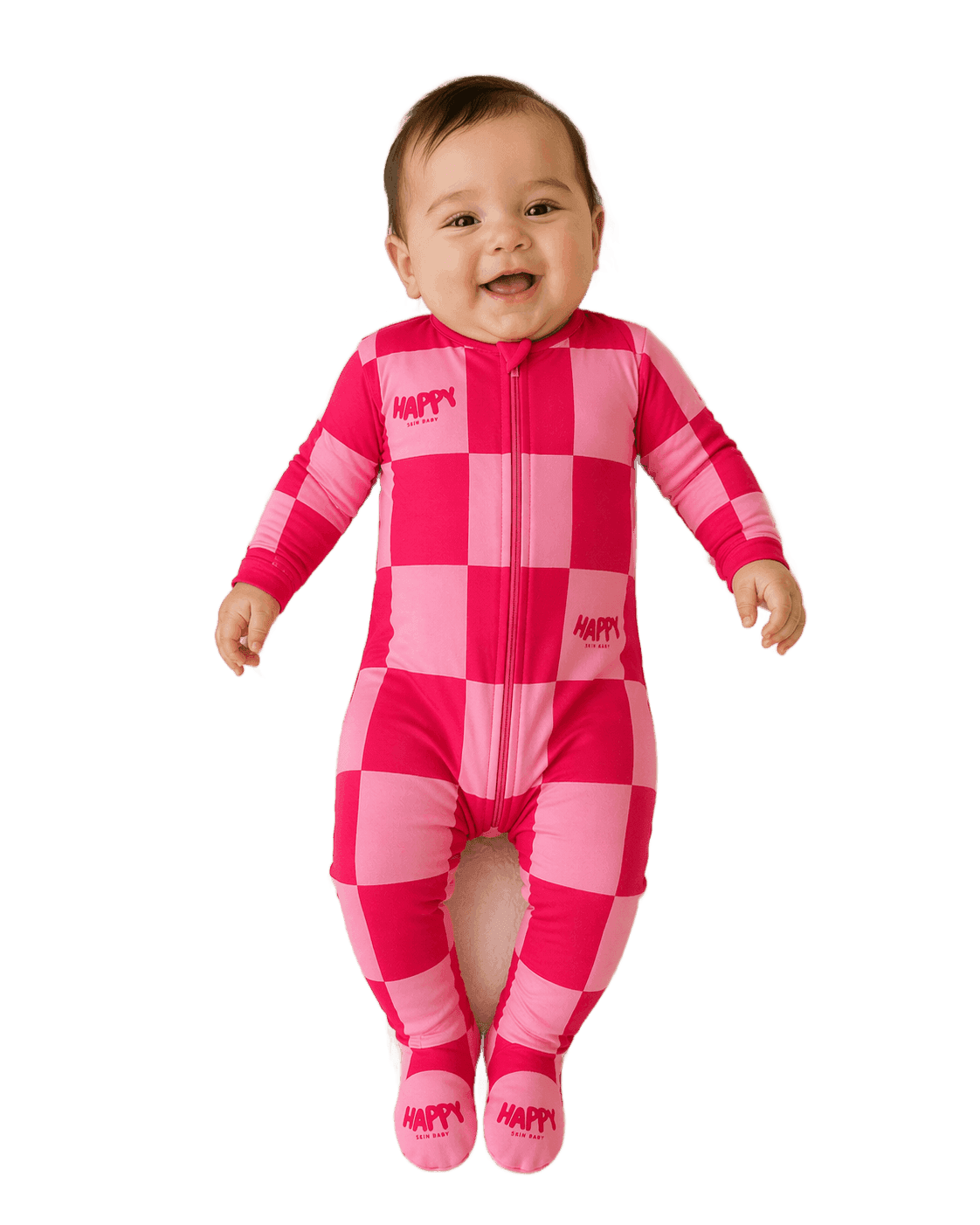 Baby smiling in Happy Skin Baby's Berry Sweet hot pink and light pink checker pajama