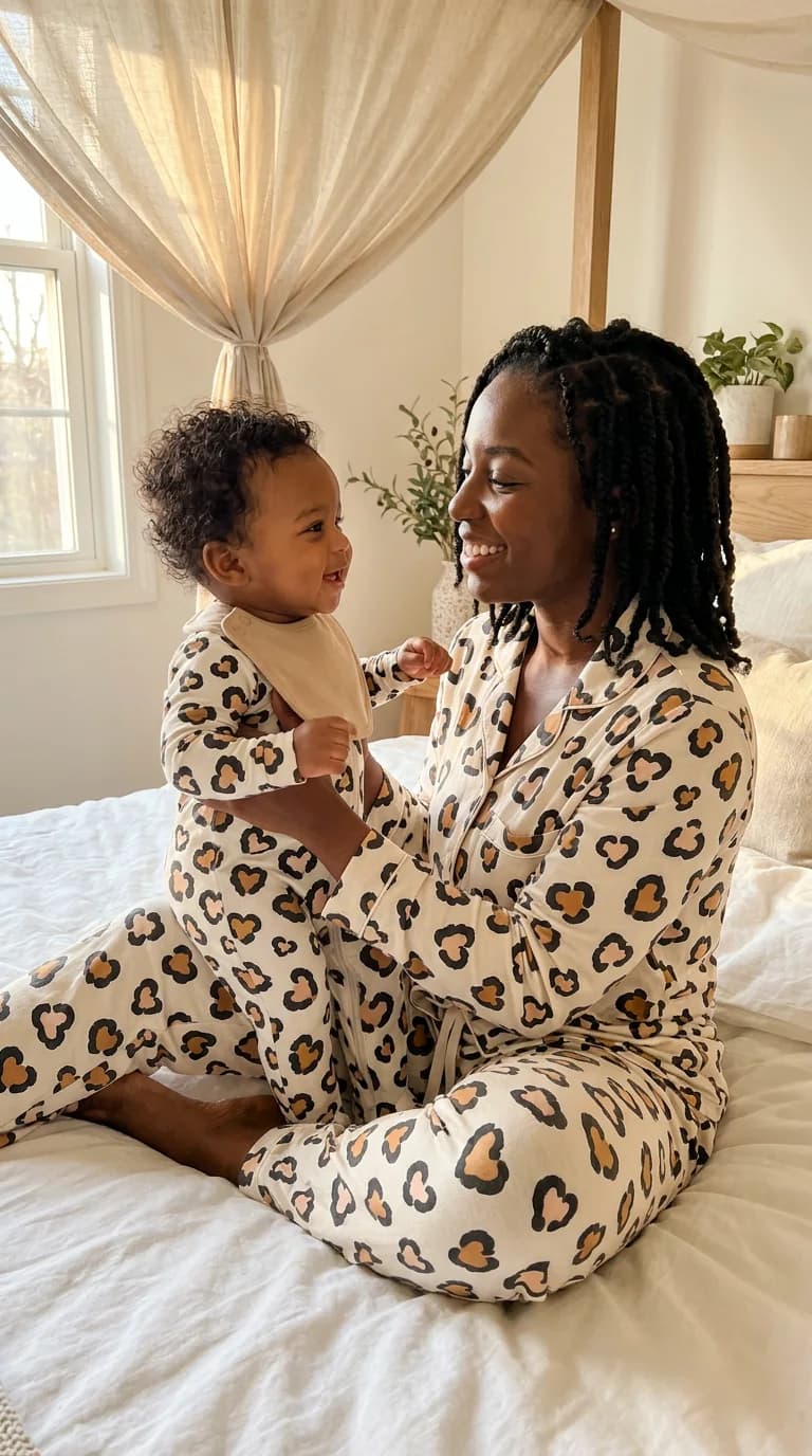 A mom in Heart Shaped grown-up pajamas holding her baby in the matching Zippy and bib